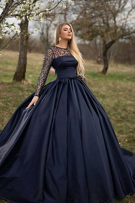 Vestido de fiesta negro largo de satén con corte en A y mangas tipo barco