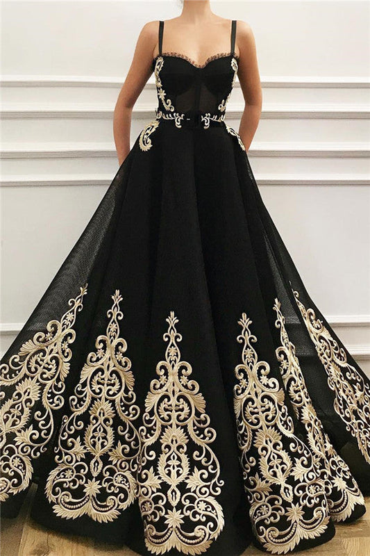 Vestido de fiesta negro largo de tul con escote en forma de A y bolsillos
