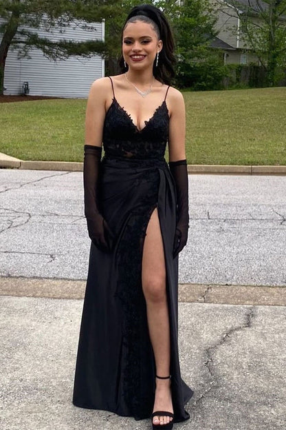 Vestido de fiesta formal de satén con encaje, tirantes finos, escote en V, corte A, negro, con abertura