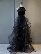 Vestidos de fiesta formales de tul con lentejuelas y cuello halter de sirena negros