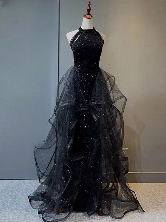 Vestidos de fiesta formales de tul con lentejuelas y cuello halter de sirena negros