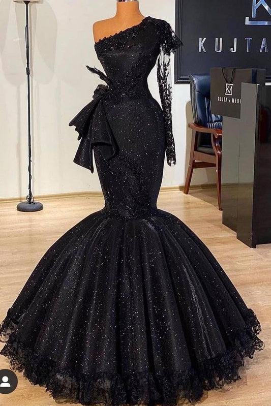 Vestido de fiesta negro largo de sirena con un solo hombro, lentejuelas y mangas