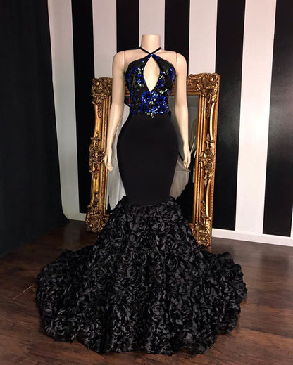 Vestidos de fiesta negros largos de sirena con cuello halter y lentejuelas