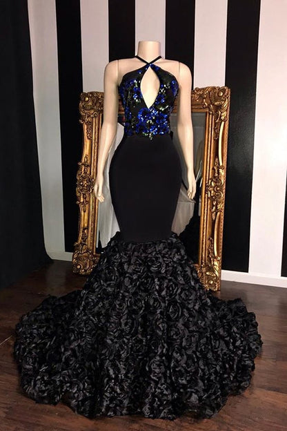 Vestidos de fiesta negros largos de sirena con cuello halter y lentejuelas