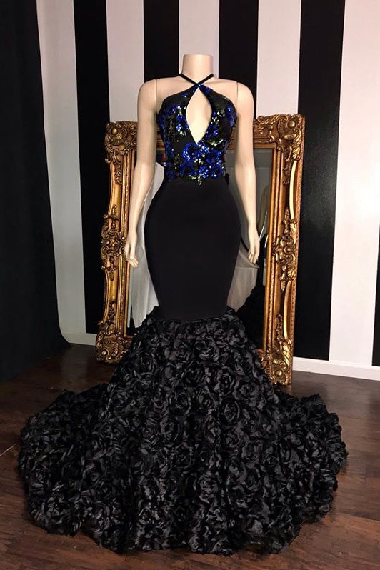 Vestidos de fiesta negros largos de sirena con cuello halter y lentejuelas