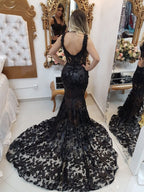 Vestidos de fiesta formales de noche con escote corazón y encaje de sirena largos negros