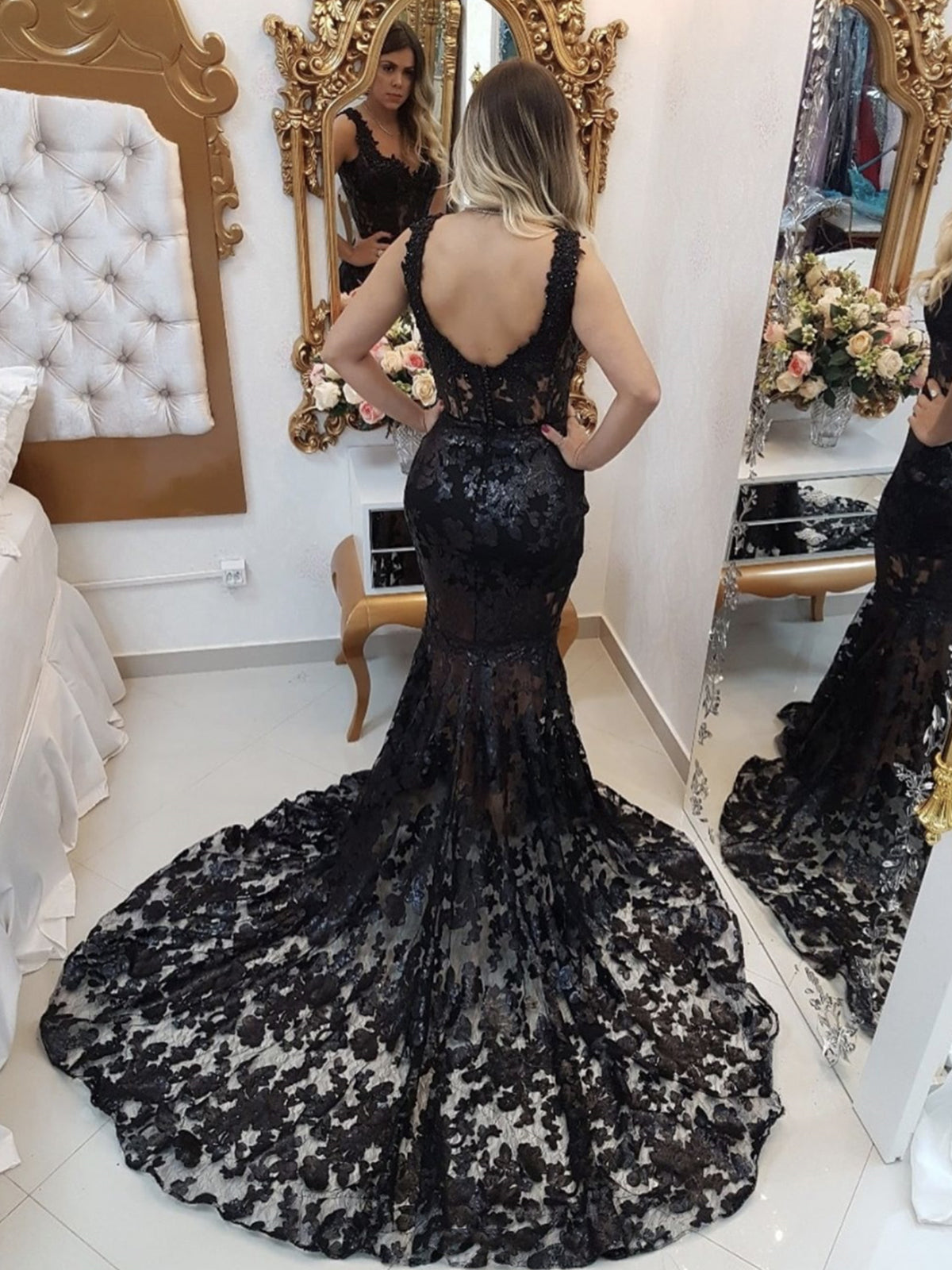 Vestidos de fiesta formales de noche con escote corazón y encaje de sirena largos negros