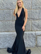 Vestido de fiesta formal de graduación, de satén, con escote en V, estilo sirena, negro, sin espalda