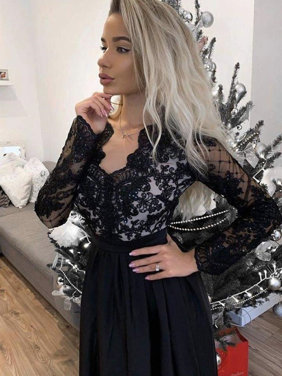 Schwarzes A-Linien-Ballkleid mit V-Ausschnitt, Satinspitze und hohem Schlitz