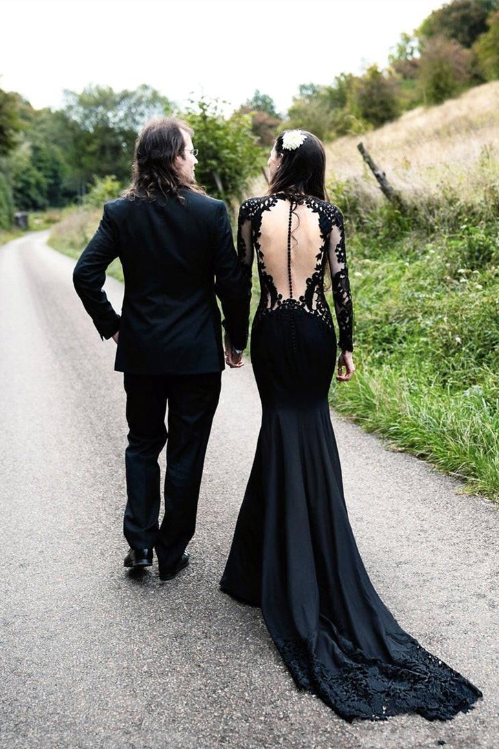 Vestido de novia sirena negro de manga larga con cola larga