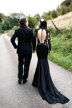 Vestido de novia sirena negro de manga larga con cola larga