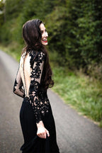 Vestido de novia sirena negro de manga larga con cola larga
