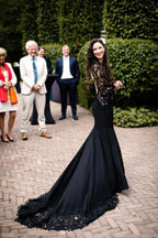 Vestido de novia sirena negro de manga larga con cola larga