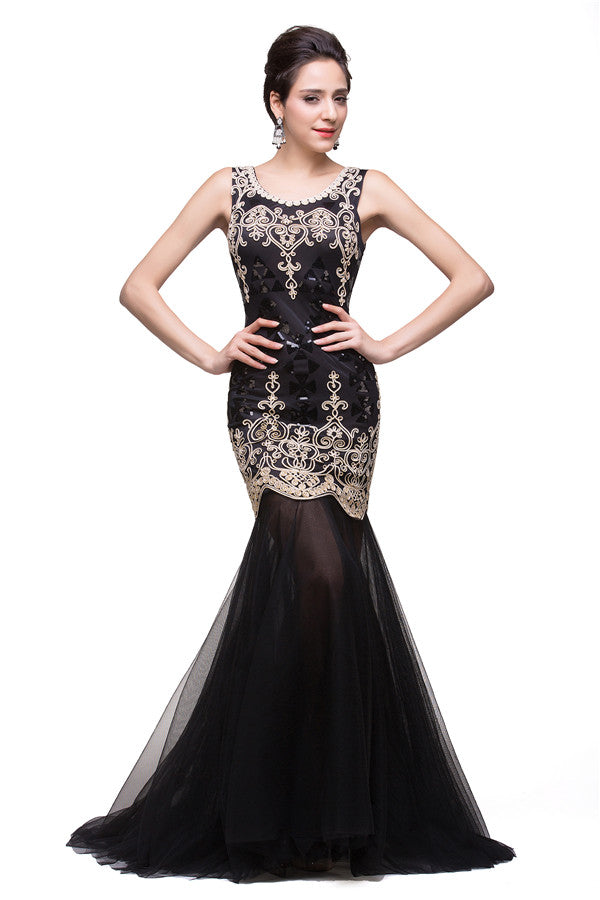 Vestidos formales negros de corte sirena con escote redondo y largo