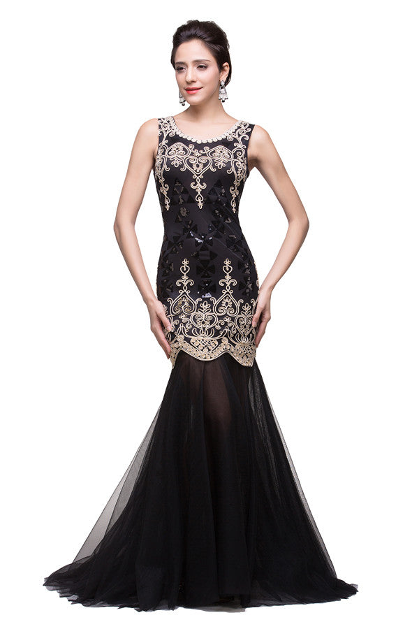 Vestidos formales negros de corte sirena con escote redondo y largo