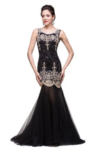 Vestidos formales negros de corte sirena con escote redondo y largo
