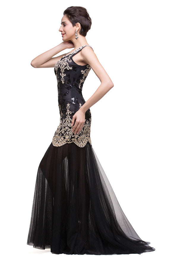 Vestidos formales negros de corte sirena con escote redondo y largo