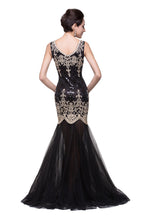 Vestidos formales negros de corte sirena con escote redondo y largo