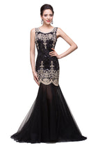 Vestidos formales negros de corte sirena con escote redondo y largo