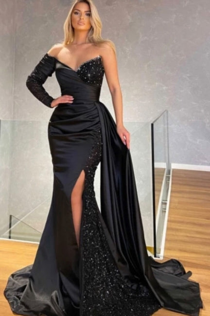 Schwarze Pailletten One-Shoulder Sweetheart Langarm Bodenlang Split Front Meerjungfrau Ballkleider mit Schleppe