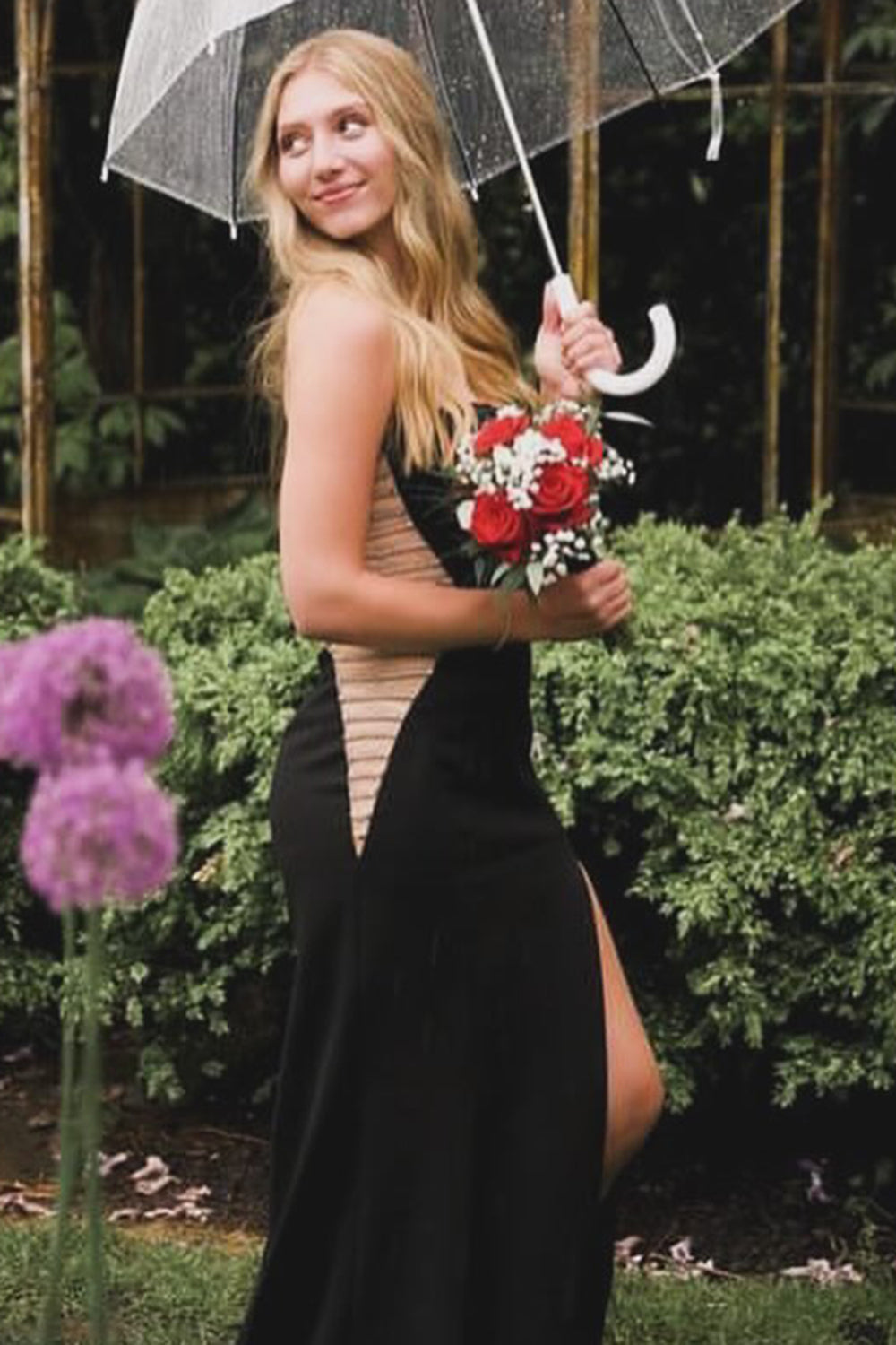 Beatrix | Schwarzes trägerloses Meerjungfrau-Cut-out-Langkorsett-Ballkleid mit Schlitz