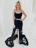 Schwarzes zweiteiliges Meerjungfrau-Abschlussballkleid mit Spaghettiträgern und Spitze