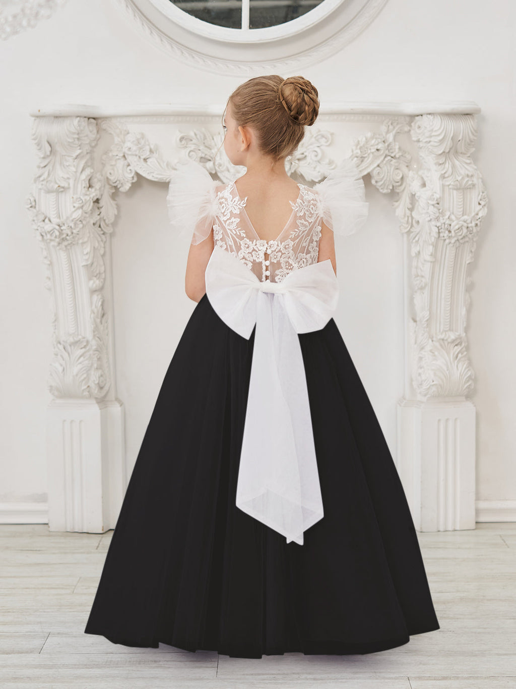 Abnehmbares Blumenmädchenkleid aus Spitze und Tüll mit Schleppe 