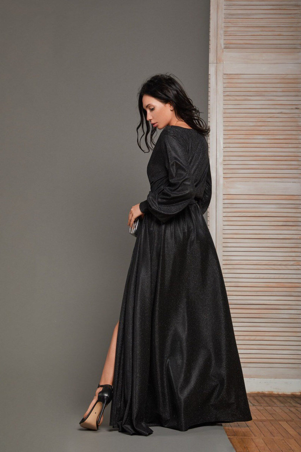 Glitter Puffy Sleeve Prom Dresses for Women Long with Slit Evening Formal Party Gown SYP01