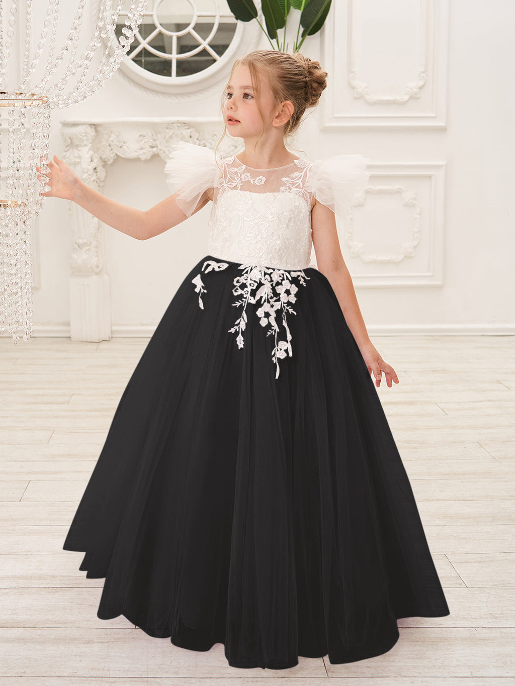 Abnehmbares Blumenmädchenkleid aus Spitze und Tüll mit Schleppe 