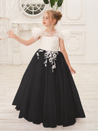 Abnehmbares Blumenmädchenkleid aus Spitze und Tüll mit Schleppe 