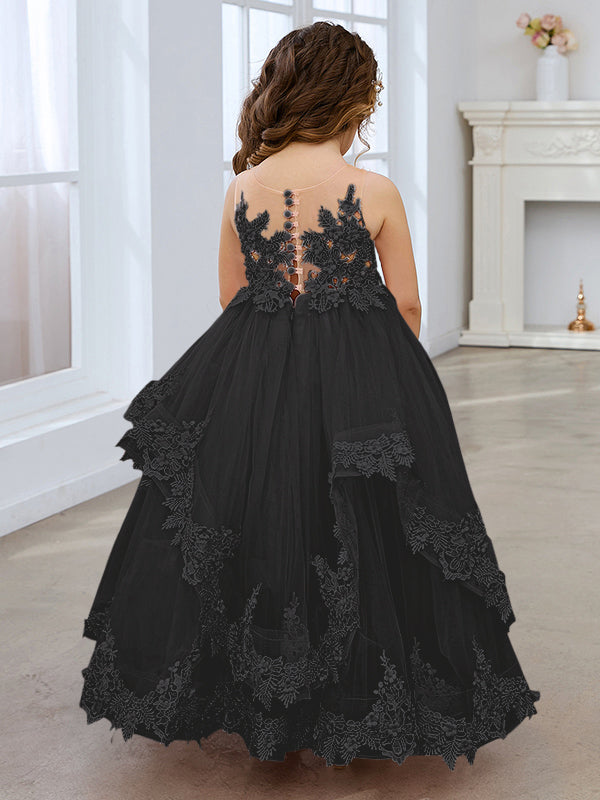 Vestido de princesa de tul sin mangas con apliques de encaje y cola larga para niñas