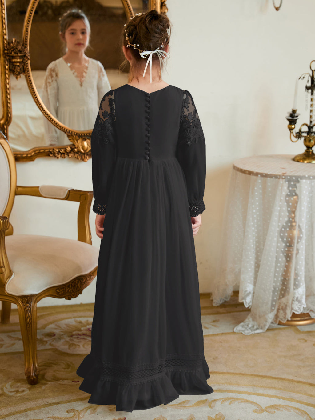 Bodenlanges Chiffon-Kleid in A-Linie und Elfenbein für die Erstkommunion 