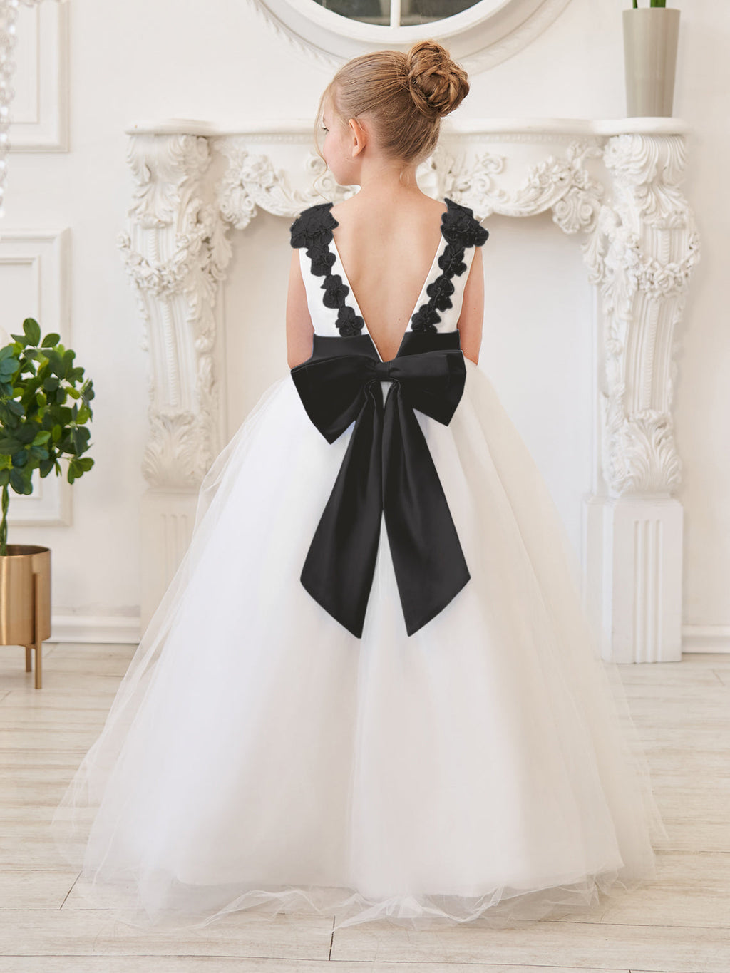 Ballkleid/Princess-Linie 3D-Blumen Tüll Bodenlang Elfenbein Blumenmädchenkleid 