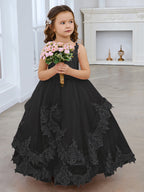 Vestido de princesa de tul sin mangas con apliques de encaje y cola larga para niñas