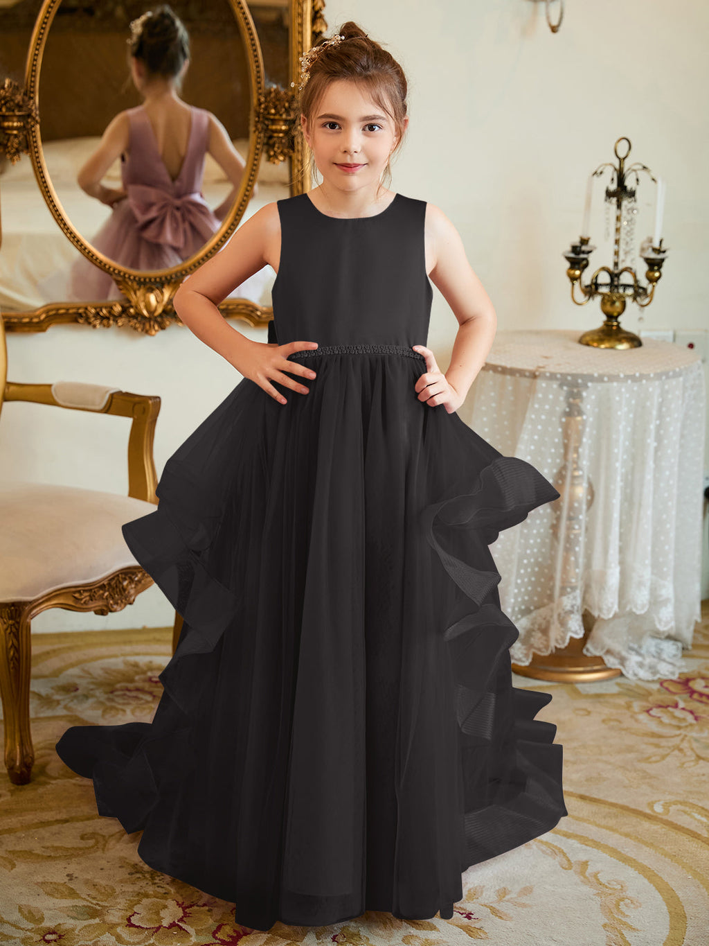 Duchesse-Linie/Princess-Linie Satin Tüll Bodenlang Blumenmädchenkleid 