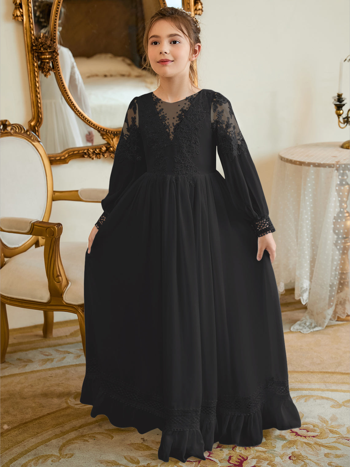 Bodenlanges Chiffon-Kleid in A-Linie und Elfenbein für die Erstkommunion 