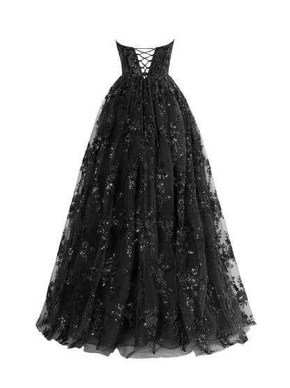 A Line Strapless Pleating Long Prom Dress With Applique