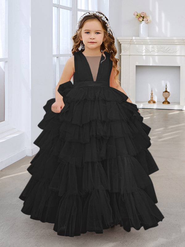 Ball-Gown/Princess Pearl Pink Sleeveless Tulle Bow Flower Girl Dress