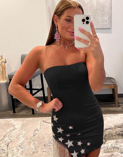 Helene | Vestido de fiesta de satén sin tirantes y corte tubo