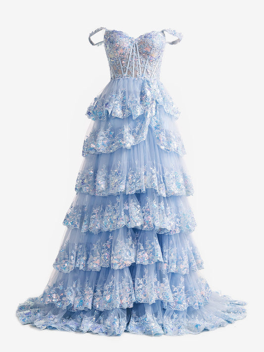 Capri | Vestido de fiesta princesa de lentejuelas de cristal azul, corte A, hombros descubiertos y volantes de encaje