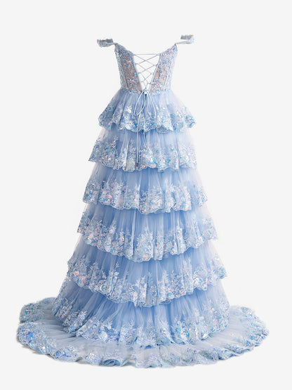 Capri | Vestido de fiesta princesa de lentejuelas de cristal azul, corte A, hombros descubiertos y volantes de encaje