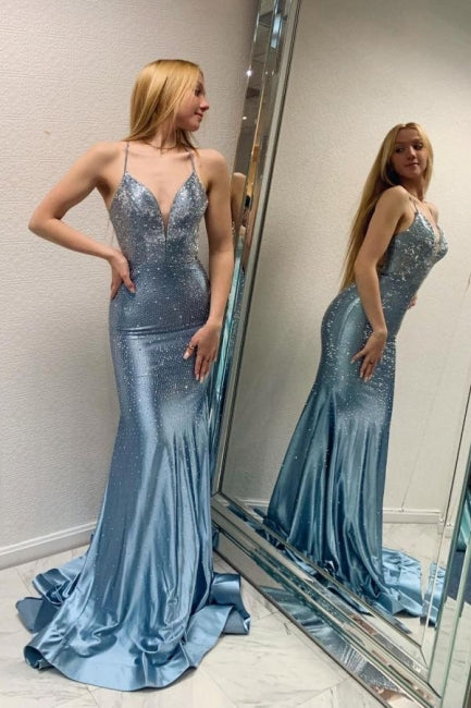 Blaue lange Meerjungfrau Abendkleider mit Glitzer Criss-Cross-Trägern Ballkleider