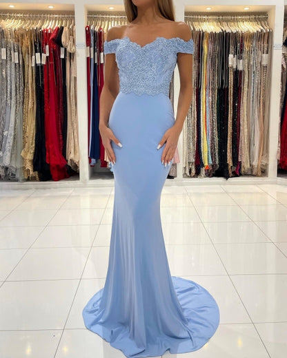 Vestidos de fiesta largos de sirena con hombros descubiertos y encaje en azul