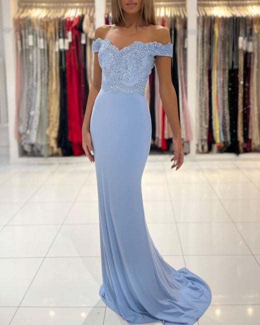 Vestidos de fiesta largos de sirena con hombros descubiertos y encaje en azul