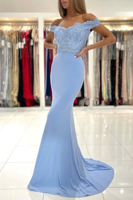 Vestidos de fiesta largos de sirena con hombros descubiertos y encaje en azul