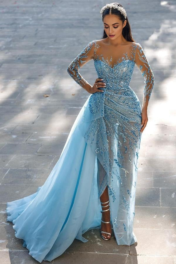 Schlichtes langes Meerjungfrau-Ballkleid mit Herzausschnitt, funkelndem Schlitz vorne und Ärmeln