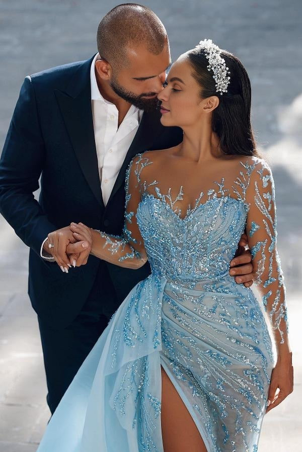 Vestido de fiesta modesto largo de sirena con escote en forma de corazón, abertura frontal brillante y mangas