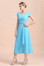 Vestido de gasa azul de manga corta para madre de la novia, largo hasta la rodilla, en línea