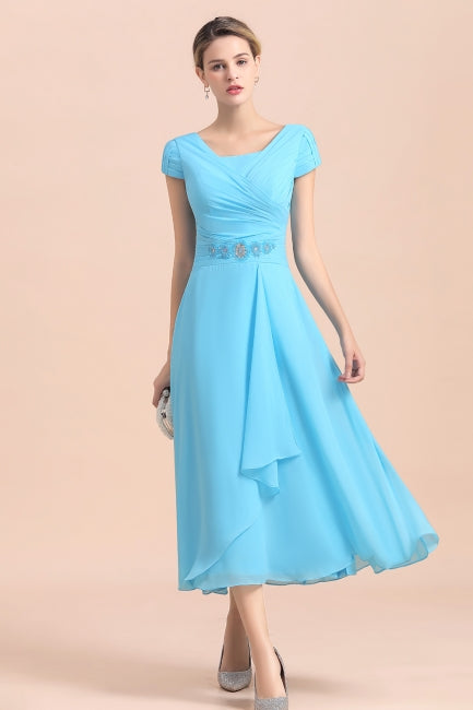 Vestido de gasa azul de manga corta para madre de la novia, largo hasta la rodilla, en línea