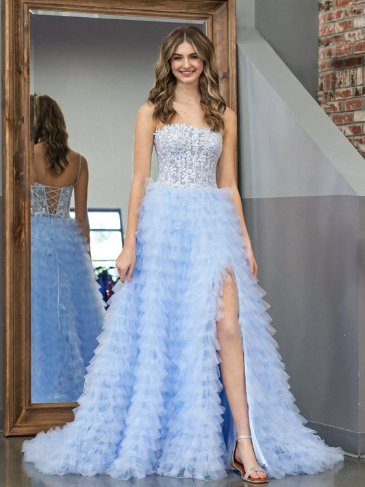 Jordan | Himmelblaues A-Linien-Ballkleid aus Tüll mit Stufen und Pailletten